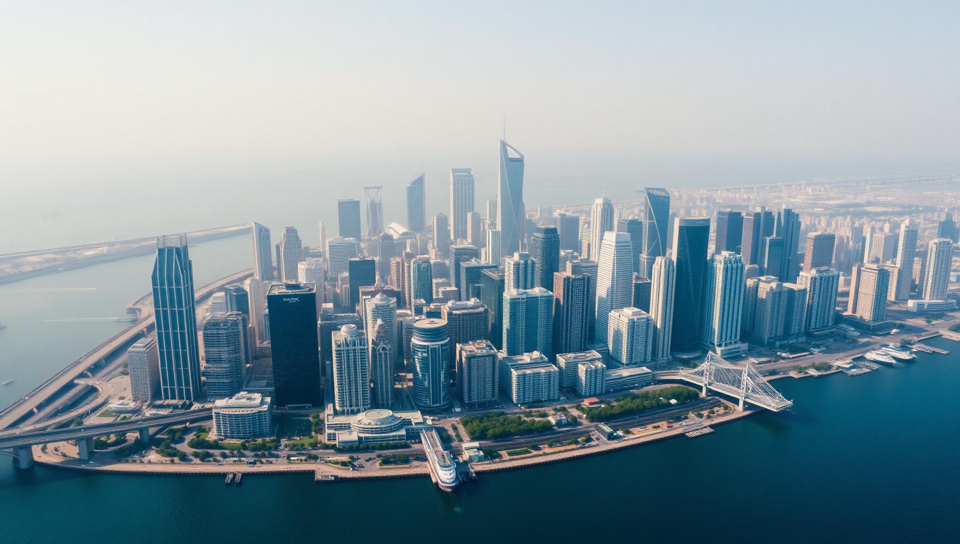Aerial view of a modern coastal business district
